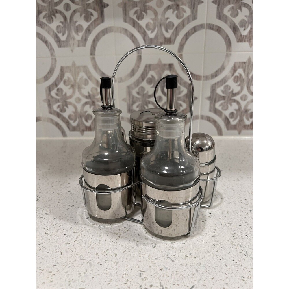 VTG Oil Vinegar Salt‎ Pepper Cruet Set Caddy w/Handle